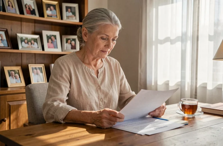 Femme senior examinant des documents de prévoyance obsèques à son bureau à domicile