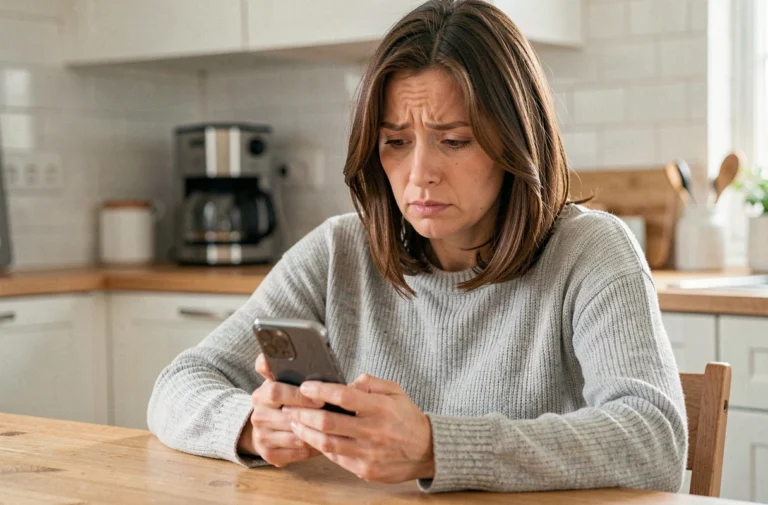 Femme consultant son smartphone avec une expression perplexe, illustrant la gestion des contacts bloqués et la réception de SMS