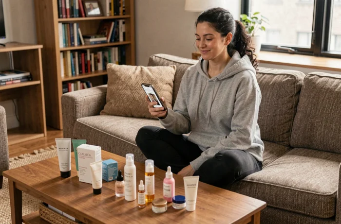 Femme assise sur un canapé tenant un smartphone avec des produits de beauté tendance disposés sur une table basse en bois