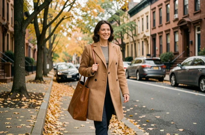 Femme marchant seule dans une rue résidentielle en automne, symbolisant la discrétion et la vie privée d'une épouse de célébrité américaine