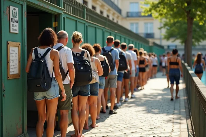 File d'attente de visiteurs devant l'entrée de la piscine municipale Butte aux Cailles un après-midi ensoleillé