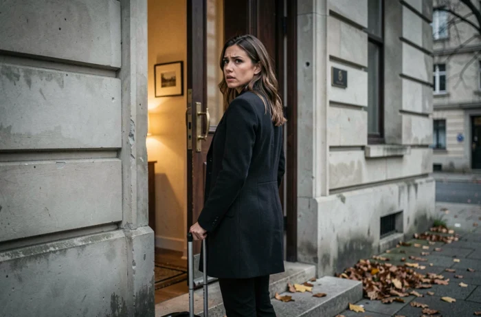 Jeune femme adulte sur le pas d'une porte avec ses bagages, regard hésitant, symbolisant l'éloignement et la rupture avec sa mère