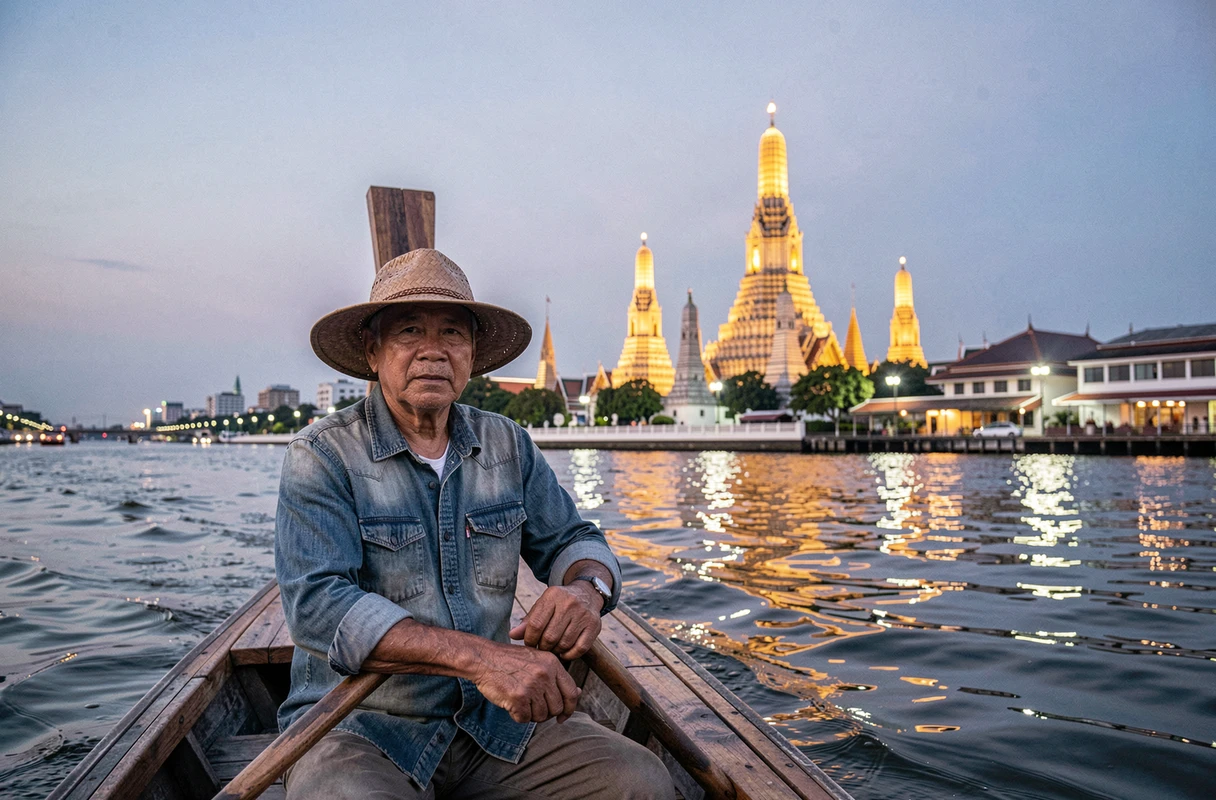 Batelier thaïlandais sur le Chao Phraya avec le temple Wat Arun en arrière-plan au crépuscule à Bangkok