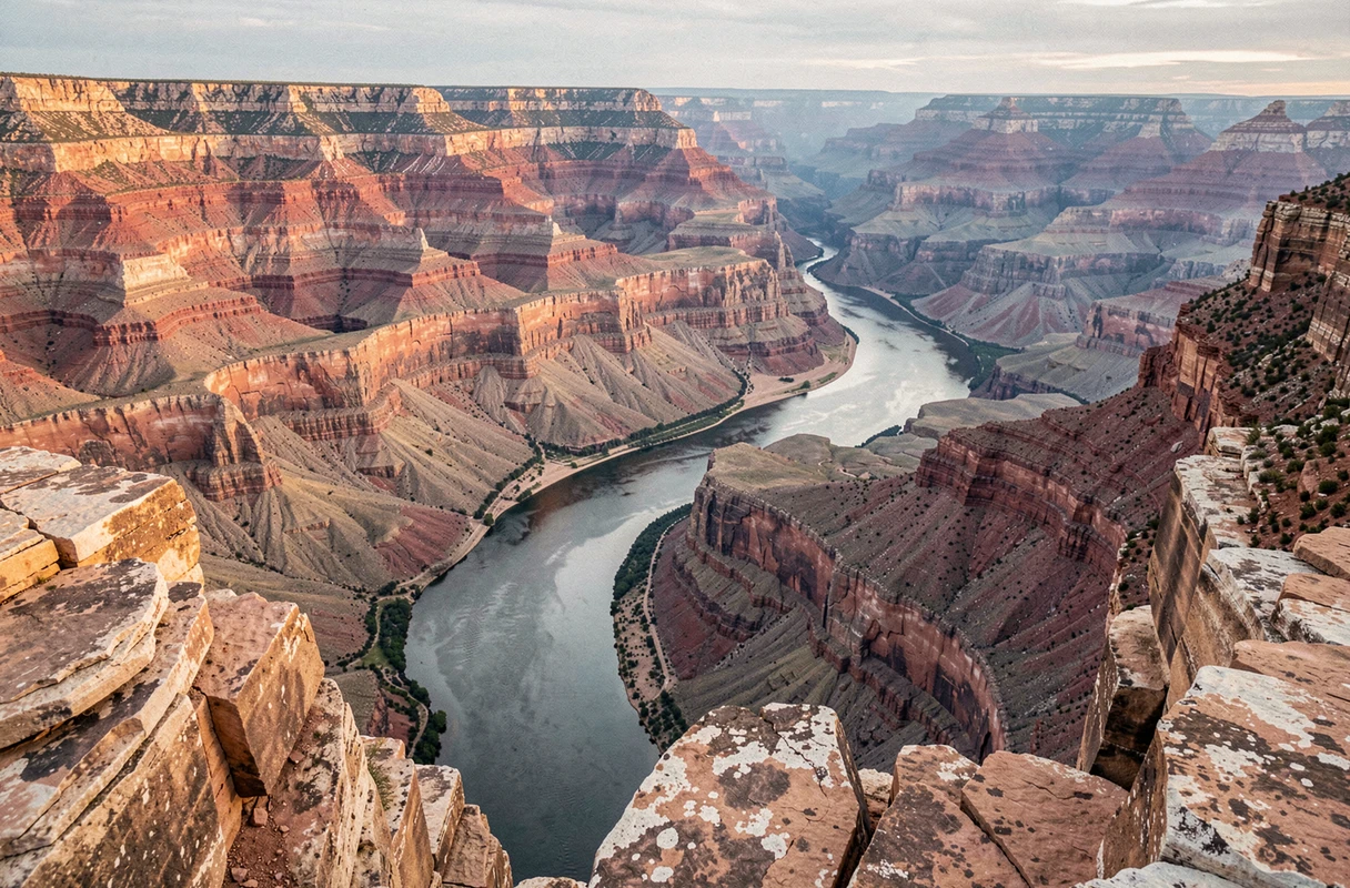 Le Colorado serpentant au fond du Grand Canyon avec ses falaises de grès rouge stratifiées