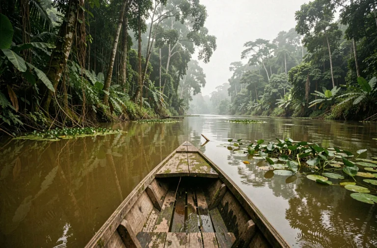 Le fleuve Congo vu depuis une pirogue traditionnelle au milieu de la forêt équatoriale tropicale
