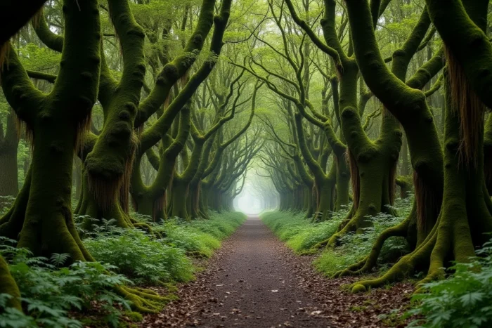 Forêt de Brocéliande en Bretagne avec sentier sinueux, chênes centenaires recouverts de mousse et atmosphère légendaire arthurienne