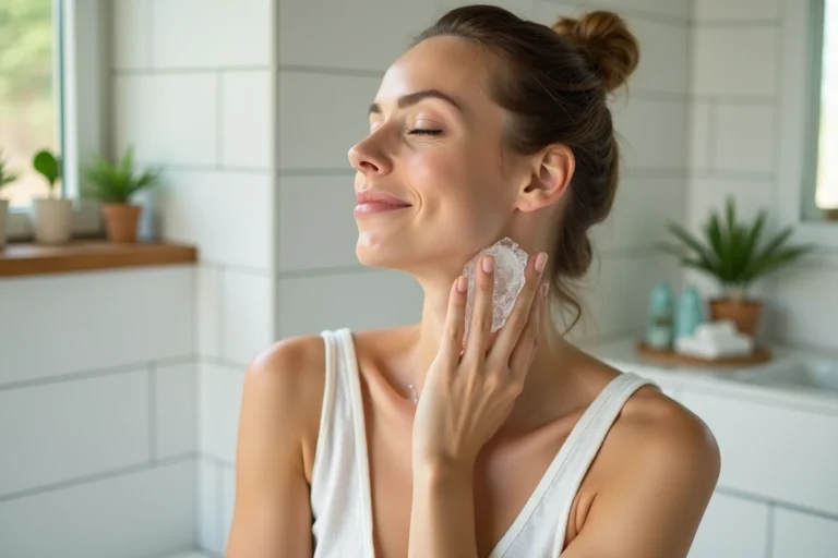 Femme appliquant un glaçon sur la nuque pour soulager la chaleur et améliorer sa santé