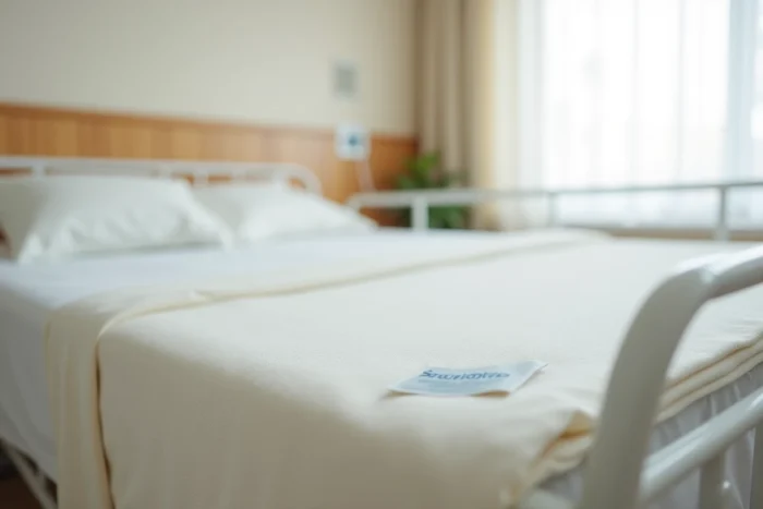 Gros plan sur la texture et le tissu technique d'un sécuridrap plié sur un lit médicalisé en EHPAD