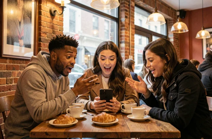 Groupe de personnes réagissant à une actualité insolite virale sur un smartphone dans un café urbain