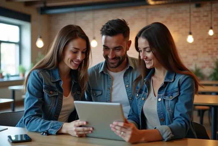 Groupe de professionnels consultant ensemble le portail PIA Orléans-Tours sur une tablette dans un espace de coworking