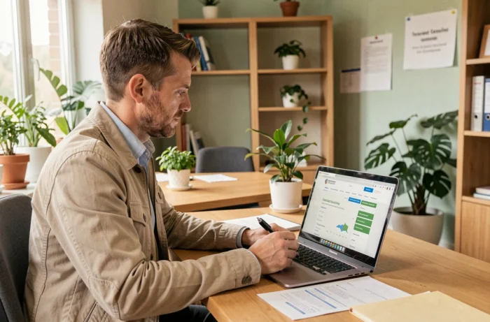 Bewoner van de Yvelines die zijn vereenvoudigde administratieve procedures online uitvoert vanuit een satellietbureau van Neo Yvelines