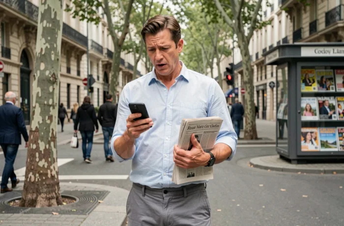 Homme lisant une actualité insolite sur son téléphone dans une rue européenne animée avec un journal sous le bras