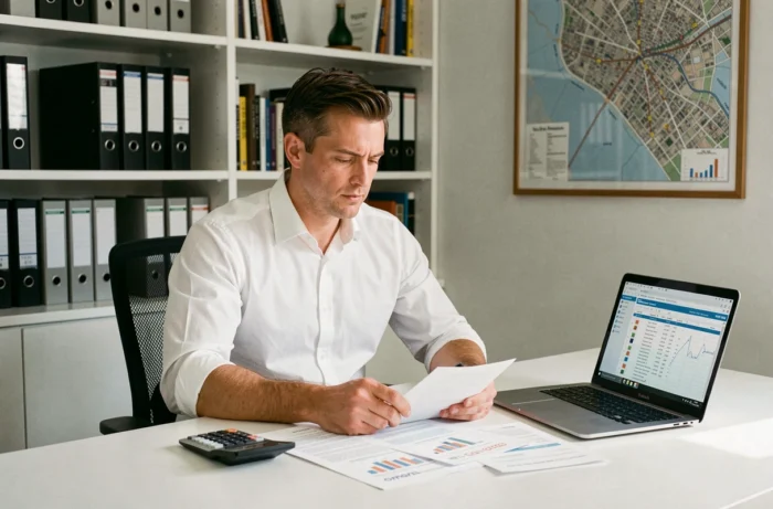 Homme analysant des documents financiers pour un investissement immobilier dans un bureau moderne
