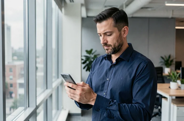 Homme en bureau vérifiant les paramètres de messagerie de son téléphone pour gérer les SMS de contacts bloqués