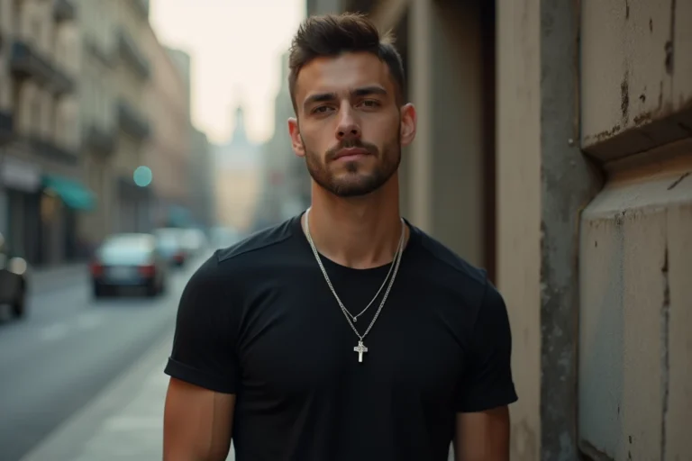 Homme en t-shirt noir portant une chaîne avec croix en argent dans un décor urbain, style masculin tendance