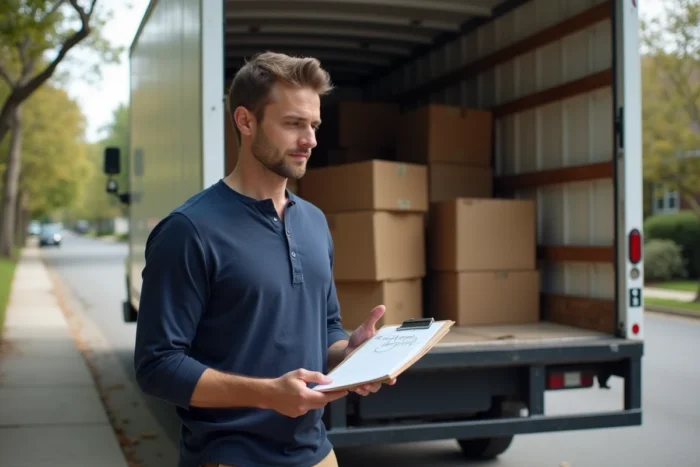 Homme consultant une checklist de déménagement devant un camion de location chargé de cartons