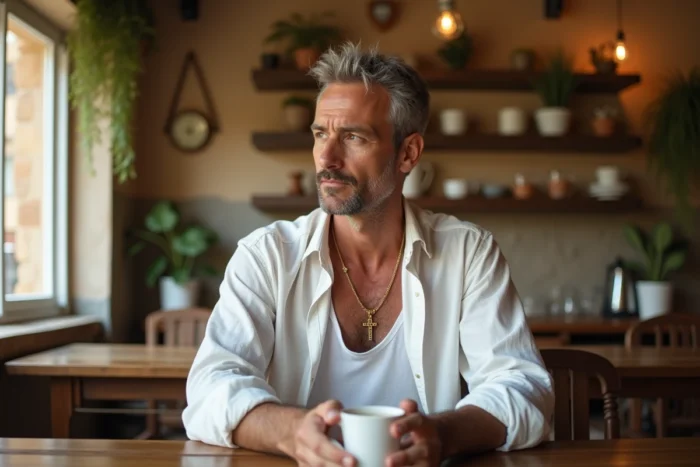 Homme mature en chemise en lin blanc avec collier croix en or dans un café méditerranéen rustique
