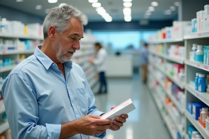Homme comparant des médicaments génériques en pharmacie pour économiser sur ses frais de santé
