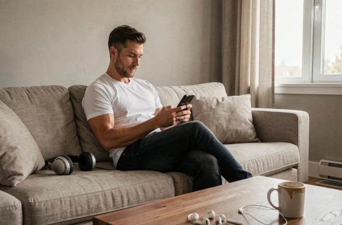 Homme écoutant de la musique convertie depuis YouTube MP3 sur son smartphone dans son salon