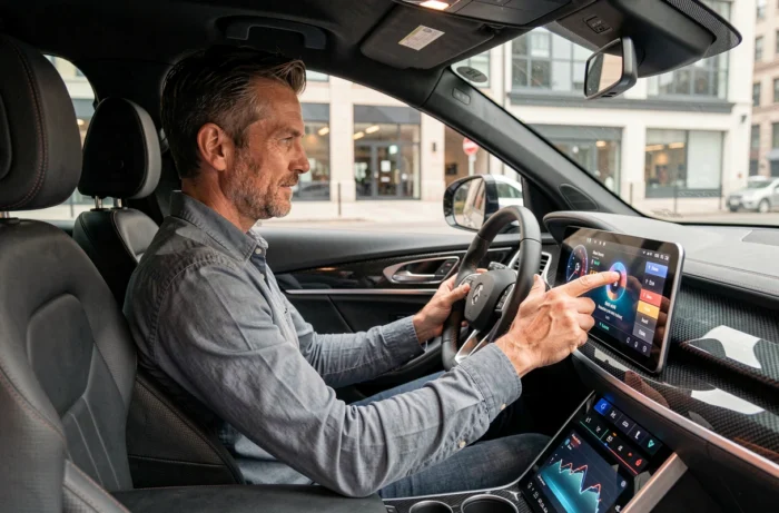 Homme explorant les fonctionnalités numériques d'un véhicule hybride moderne, tendances auto 2024