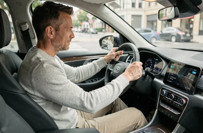 Man achter het stuur van een moderne SUV die het digitale dashboard beoordeelt, gids voor het goed kiezen van zijn voertuig