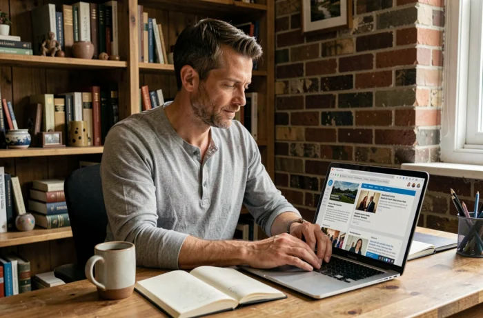 Man die internationale nieuws leest op een online informatiewebsite vanuit zijn thuiskantoor
