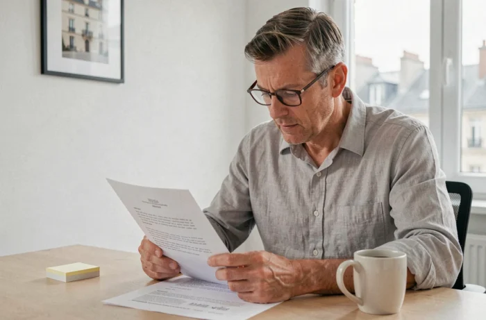 Homme lisant attentivement un contrat notarial pour un achat immobilier dans un bureau à domicile en France