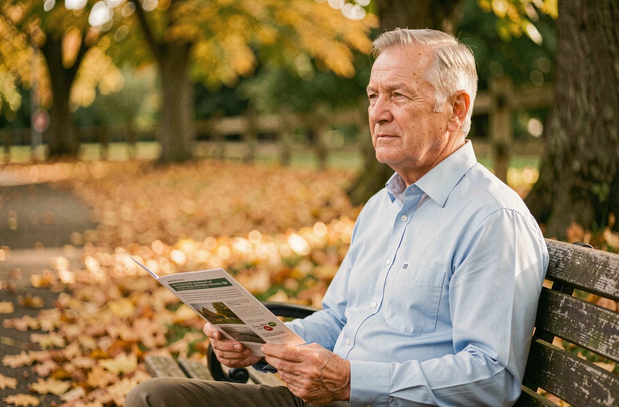 Homme senior assis dans un parc en automne réfléchissant à la planification de ses obsèques