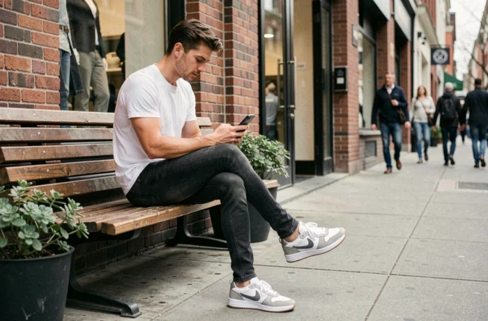Homme jeune en sneakers grises et blanches consultant son téléphone devant une boutique urbaine
