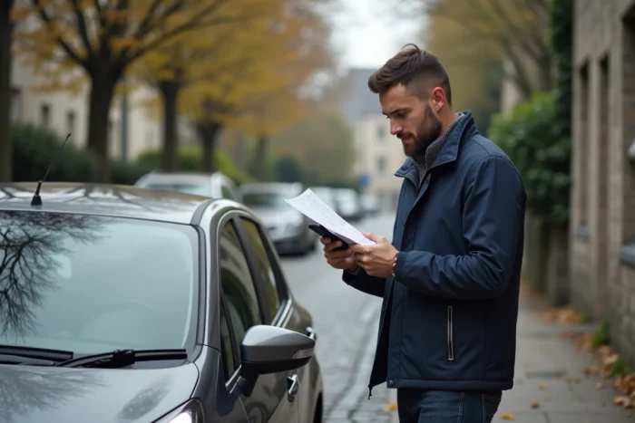 Homme consultant son téléphone pour trouver un stationnement gratuit dans une rue résidentielle de Rennes