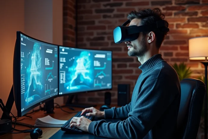Homme interagissant avec une interface de réalité augmentée dans un studio high-tech à domicile, tendances technologiques 2024