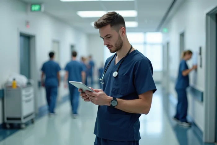 Infirmier consultant une plateforme de ressources médicales sur tablette à l'hôpital