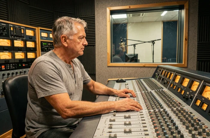 Ingénieur du son travaillant sur une console de mixage professionnelle dans une station de radio française