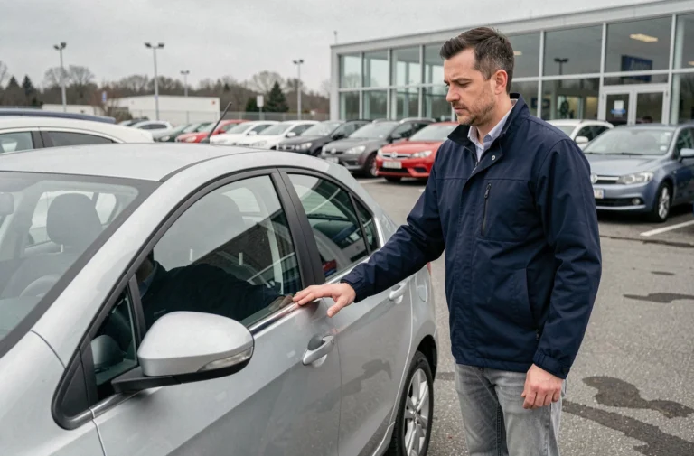 Un homme inspecte attentivement une voiture d'occasion dans un concessionnaire automobile, évaluant la carrosserie avant achat