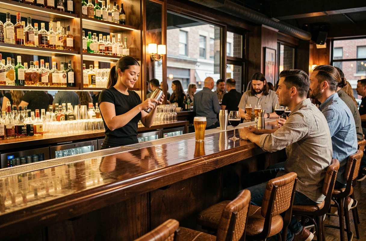 Barmaid préparant un cocktail dans un bar animé avec comptoir en bois sombre, tabourets en cuir et étagères de bouteilles