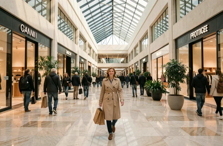 Intérieur animé du centre commercial Maine Montparnasse avec boutiques et visiteurs sur l'allée principale