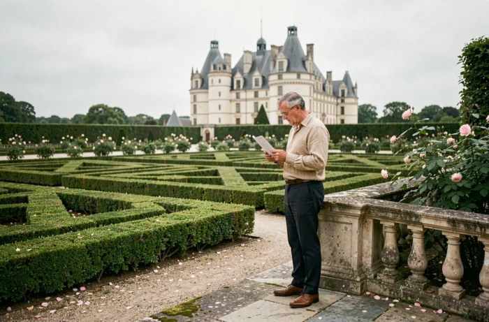 Visiteur explorant les parterres des jardins formels du château de Chambord en accès libre