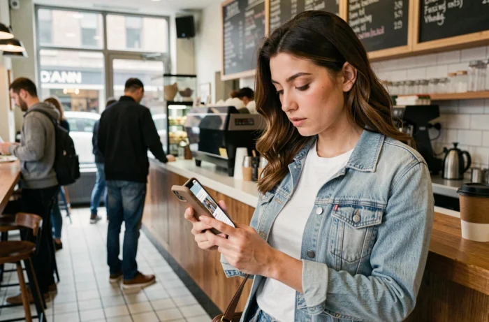Jonge vrouw die een wereldnieuwssite op smartphone bekijkt in een stedelijk café