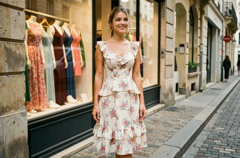 Jeune femme portant une robe midi FB Sister devant une boutique parisienne, style mode urbaine tendance