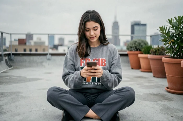 Jonge vrouw in FB Sister sweatshirt zittend op een stedelijk rooftop, casual en trendy streetwear look