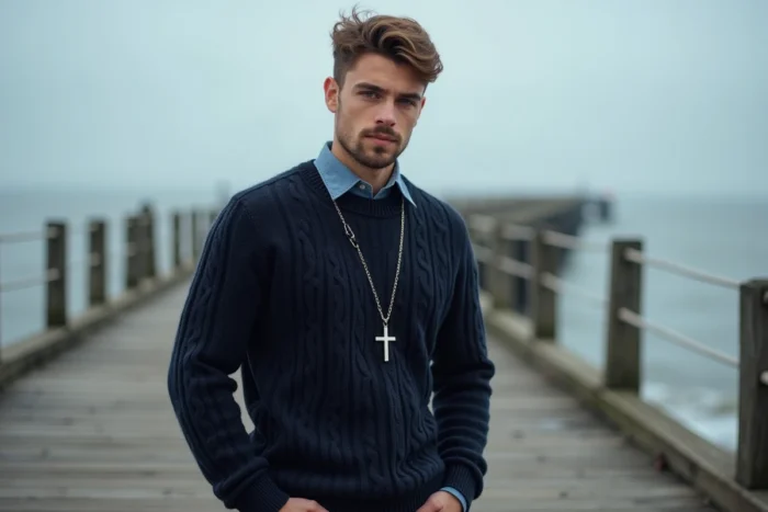 Jeune homme en pull irlandais avec chaîne croix en acier inoxydable sur un quai en bois face à l'océan