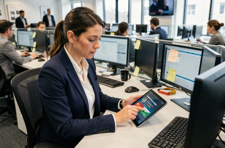 Journaliste femme consultant les dernières actualités mondiales sur une tablette dans une salle de rédaction moderne