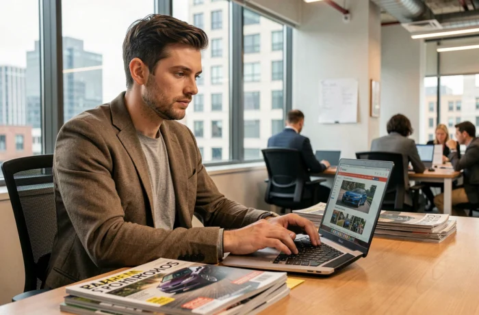 Journaliste automobile masculin travaillant sur les actualités du secteur dans une salle de rédaction moderne