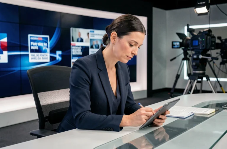 Journaliste française en blazer marine dans un studio de télévision moderne avec écran LED en arrière-plan