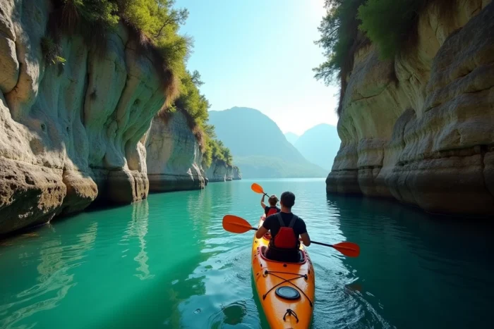 Couple en kayak transparent découvrant une crique cachée du lac du Bourget entre des falaises calcaires et une végétation luxuriante