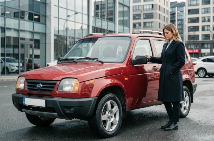 Lada Niva 4x4 rouge dans un parking de concessionnaire urbain avec une femme examinant le véhicule