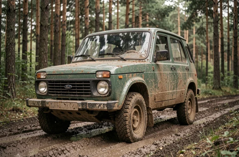 Lada Niva 4x4 garé sur un chemin forestier boueux entouré de pins, vue en trois quarts avant