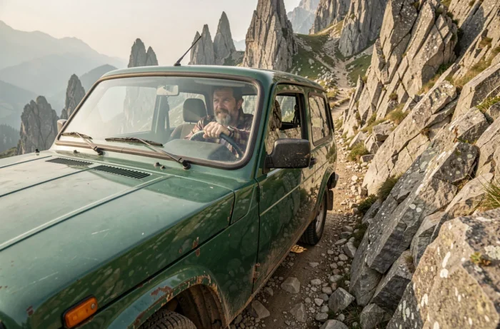 Lada Niva 4x4 vert gravissant un sentier rocheux de montagne avec un conducteur concentré visible à travers le pare-brise