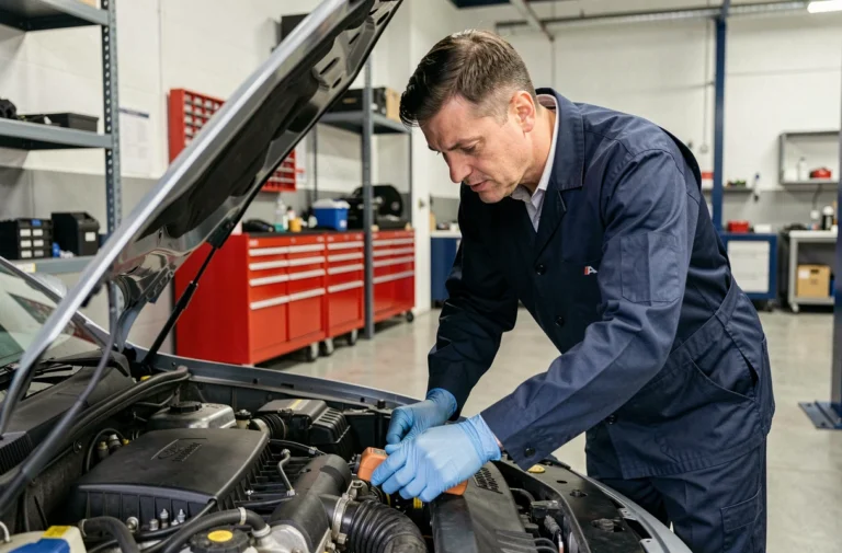 Mécanicien automobile professionnel inspectant un moteur dans un atelier moderne bien équipé
