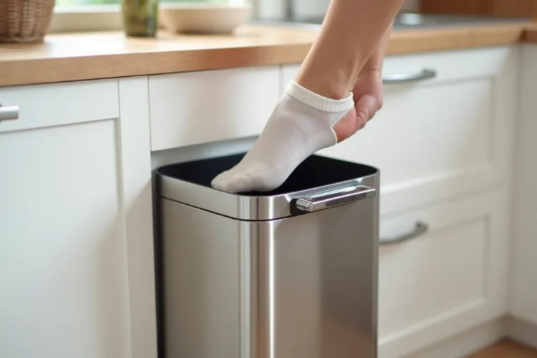 Femme actionnant la pédale d'une poubelle en inox dans une cuisine moderne, mécanisme d'ouverture visible en gros plan